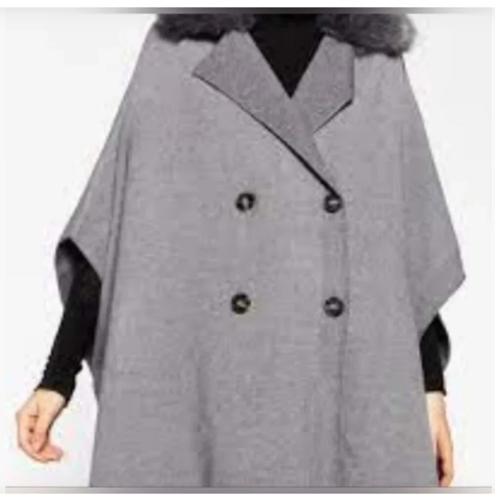 NWT Zara Cape Poncho Gray Faux Fur Collar Size M - Picture 4 of 6
